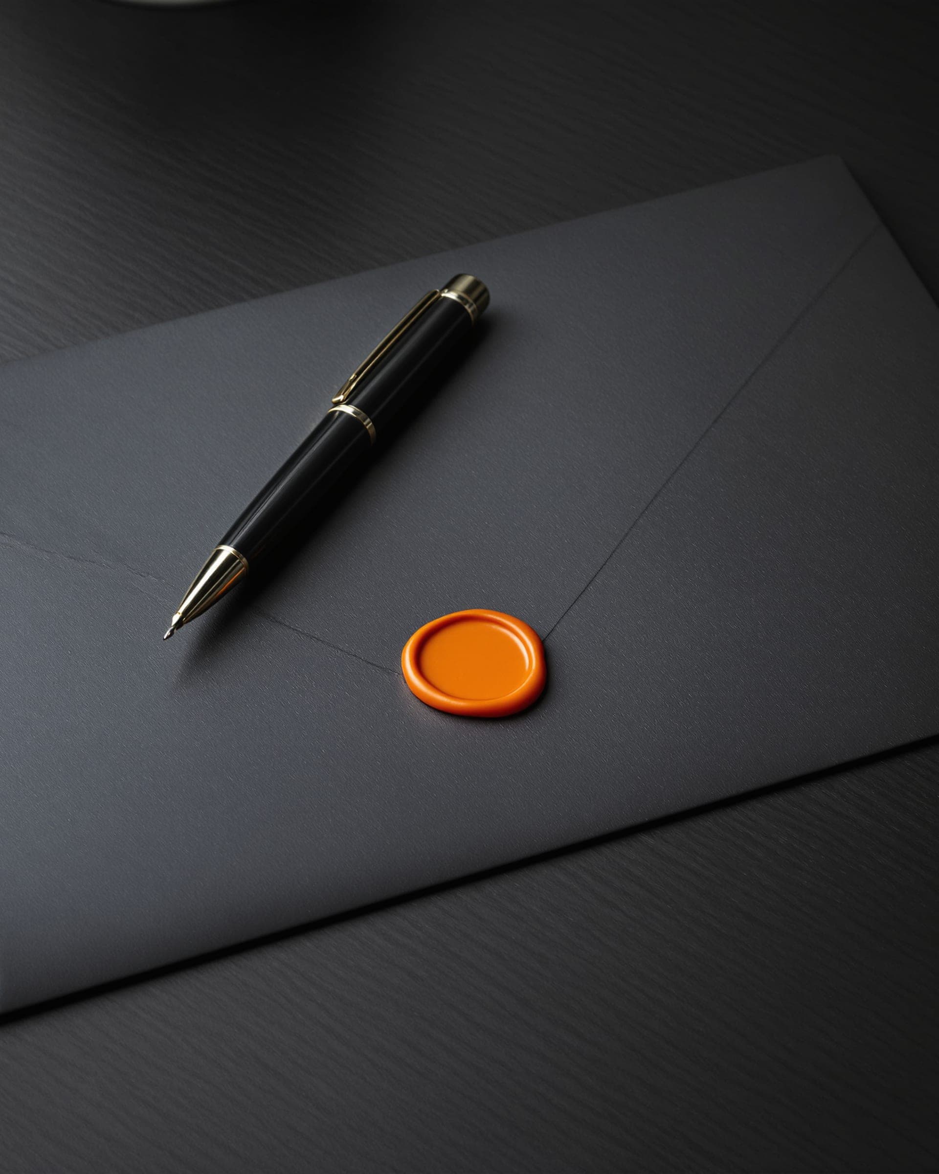 A pen on a dark envelope sealed with orange wax.