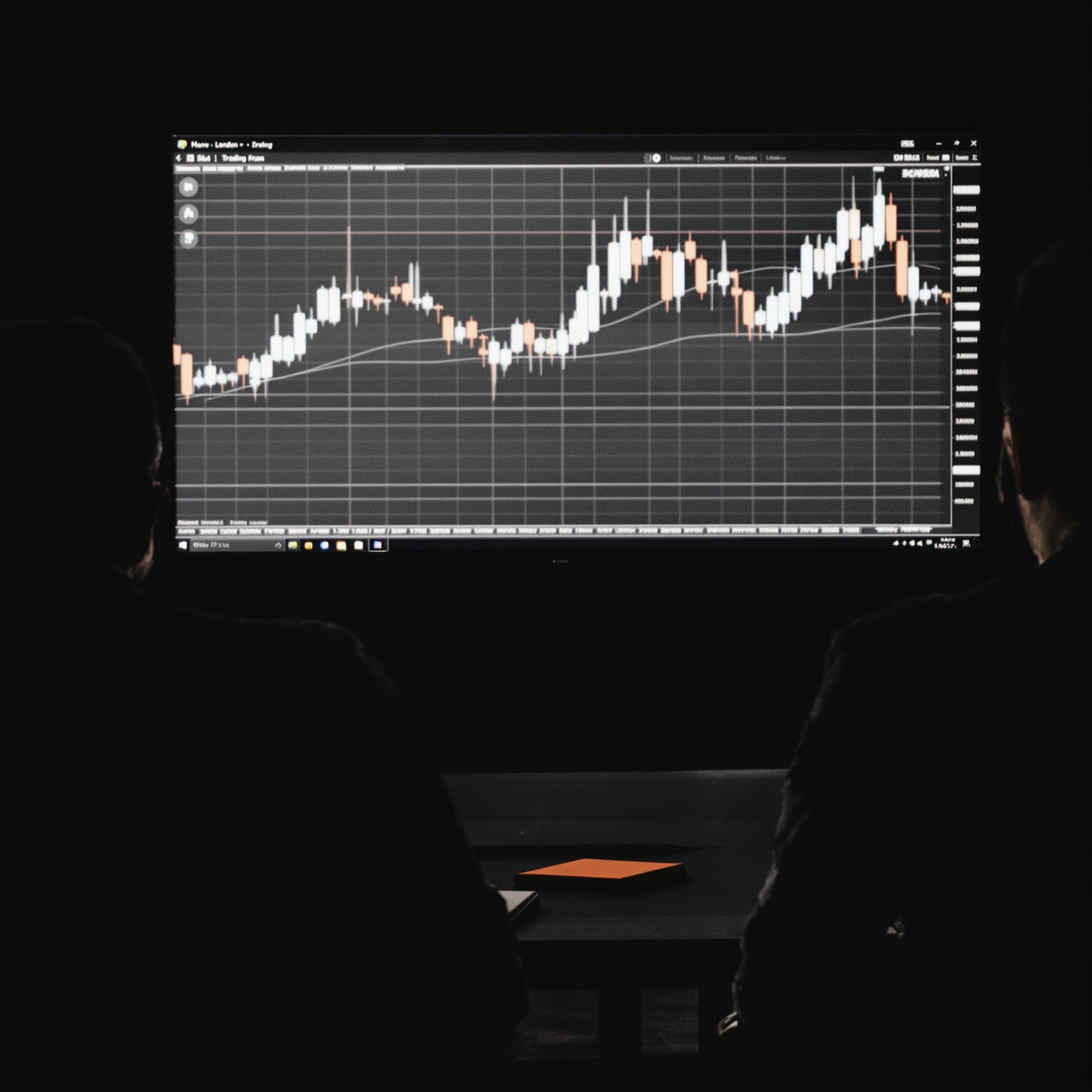 Two people seen from behind in a dark room, facing a large screen of price charts.