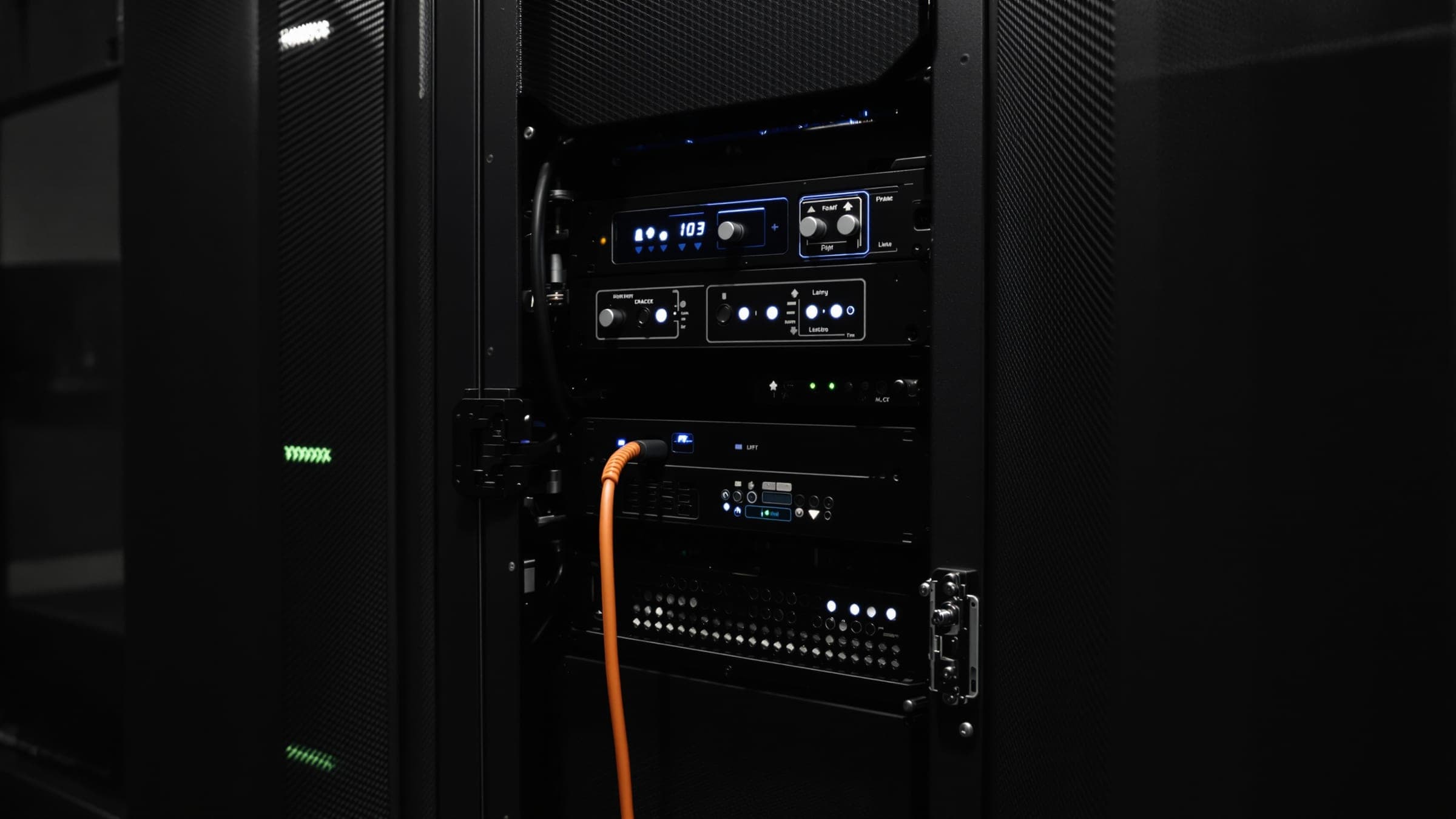 A dark server cabinet with neatly routed cables and one orange cable.
