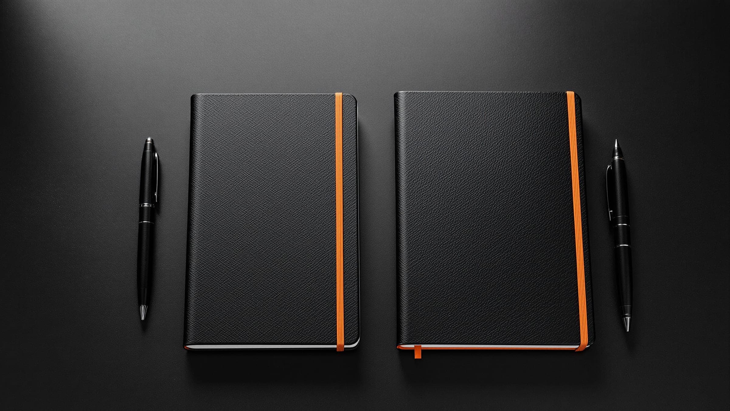 Two dark notebooks with orange bands and two pens, side by side on a dark desk.