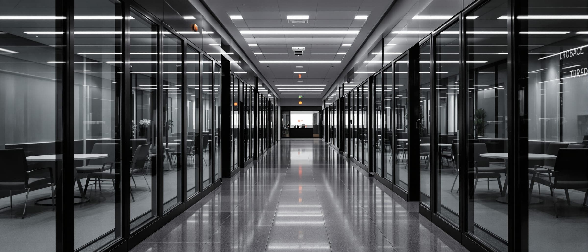 A long, quiet office corridor lined with glass meeting rooms.
