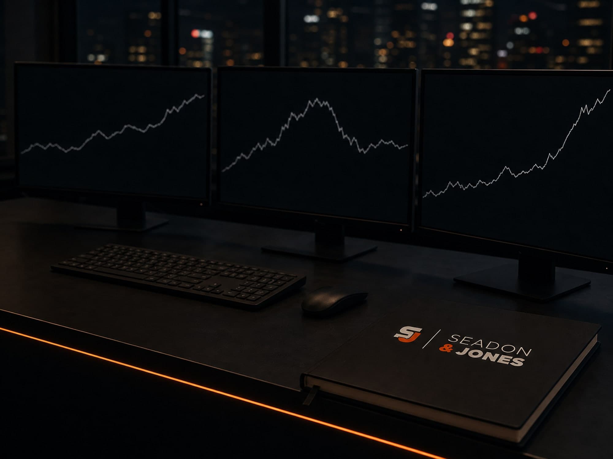 A trading desk at night with three screens of grey line charts and a notebook bearing the Seadon & Jones logo.