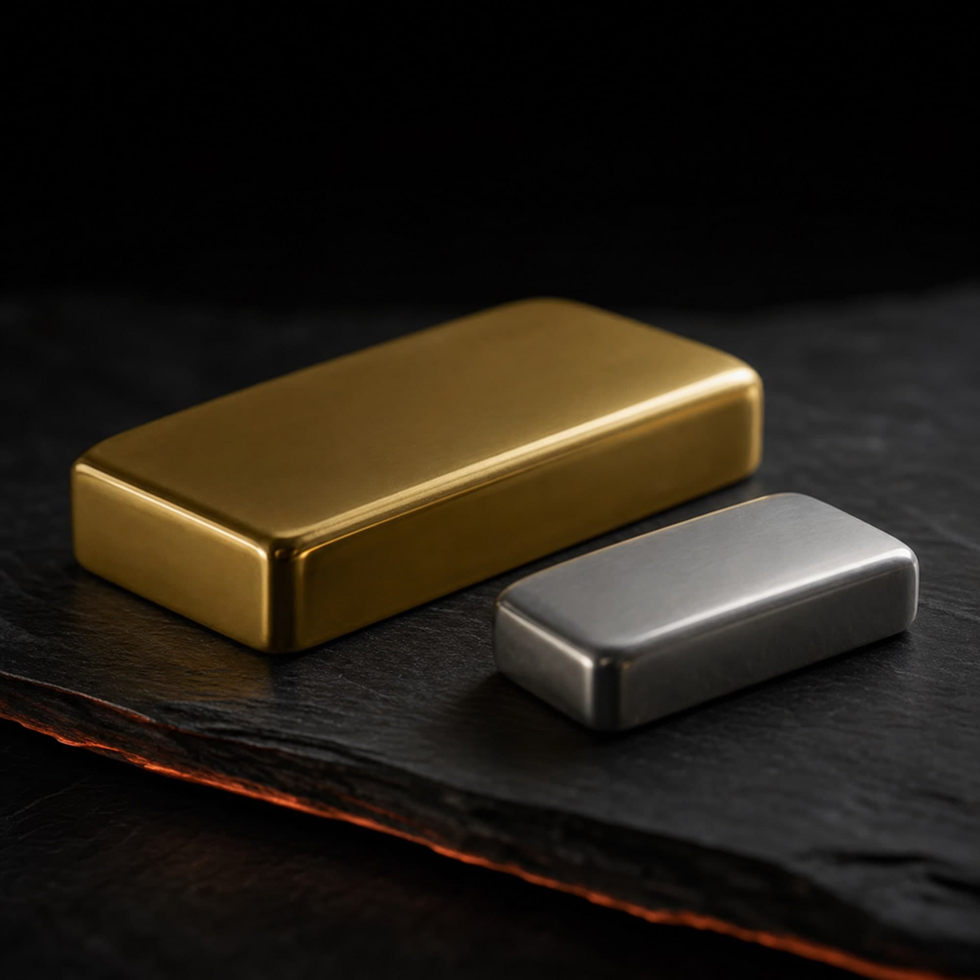 A plain gold bar and a smaller silver bar resting on dark slate, a thin line of orange light along the stone edge.