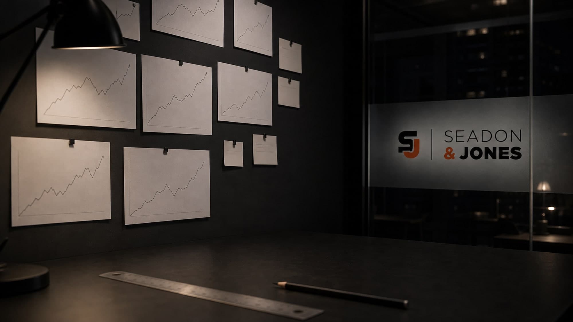 Printed grey line charts pinned to a dark wall above a ruler and pencil, the Seadon & Jones logo on frosted glass.