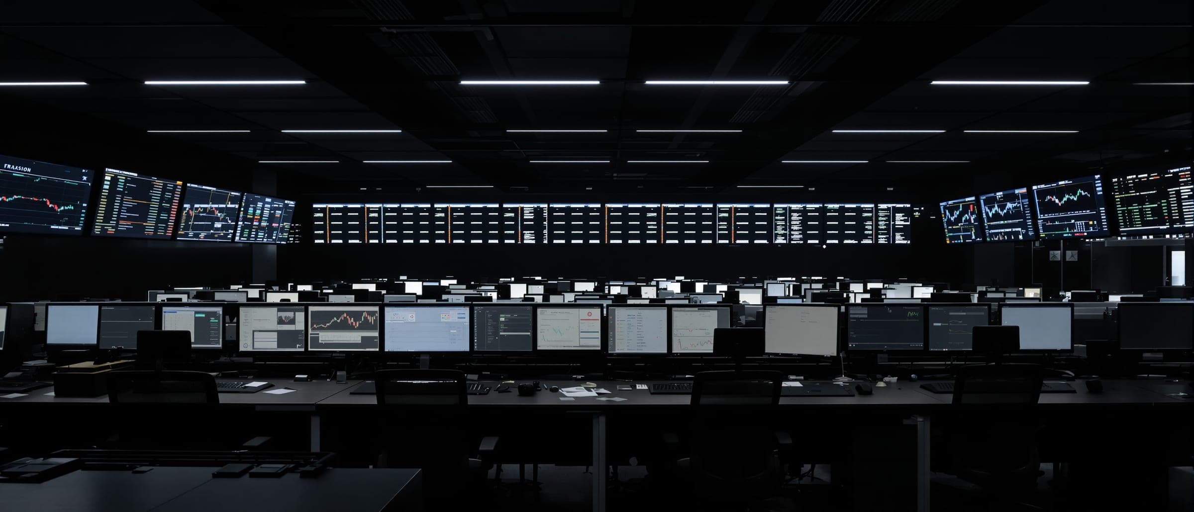 An empty dark trading floor with rows of desks and screens.
