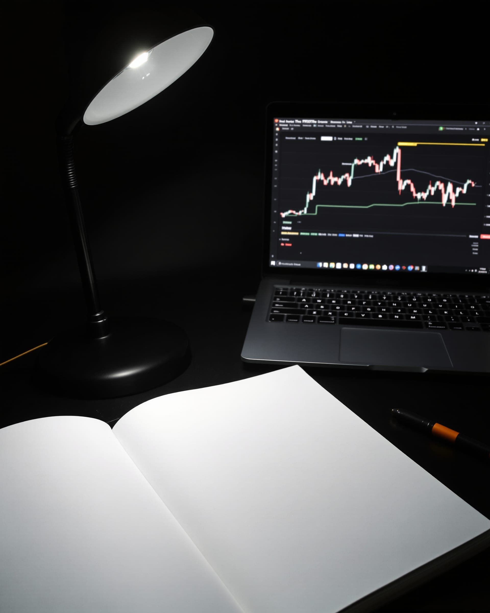 A desk lamp lighting a blank notebook beside a laptop showing a chart.