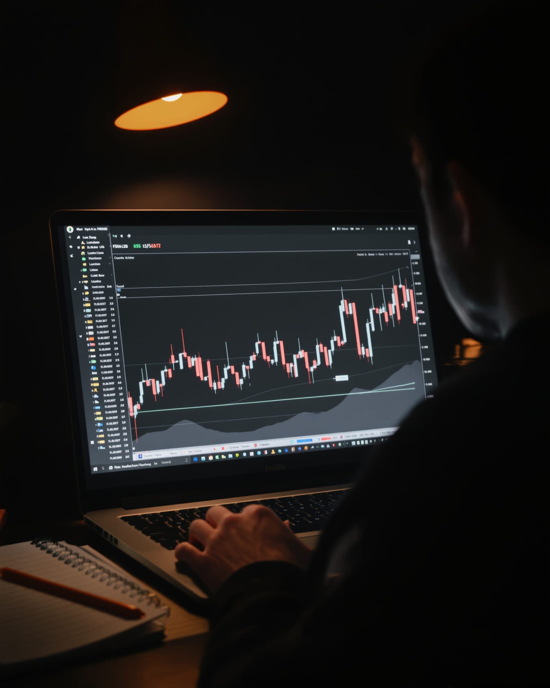 A person seen from behind studying a price chart on a laptop under an orange lamp.