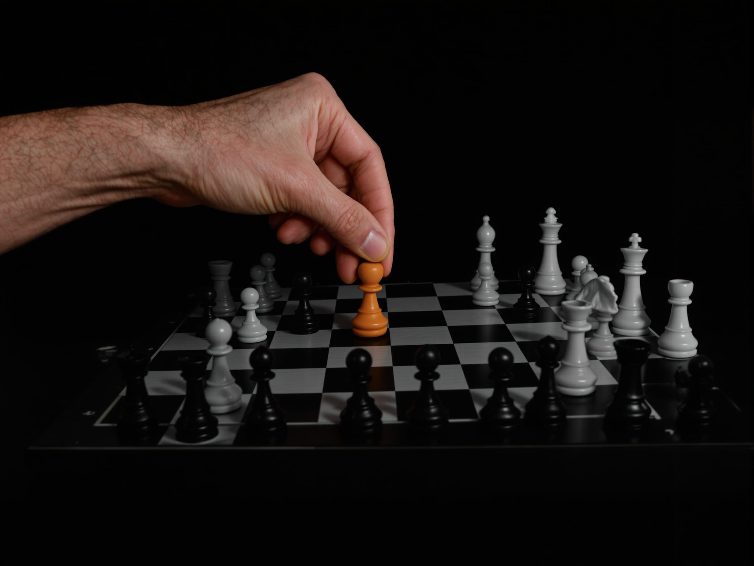 A hand moving an orange chess piece on a dark board mid-game.