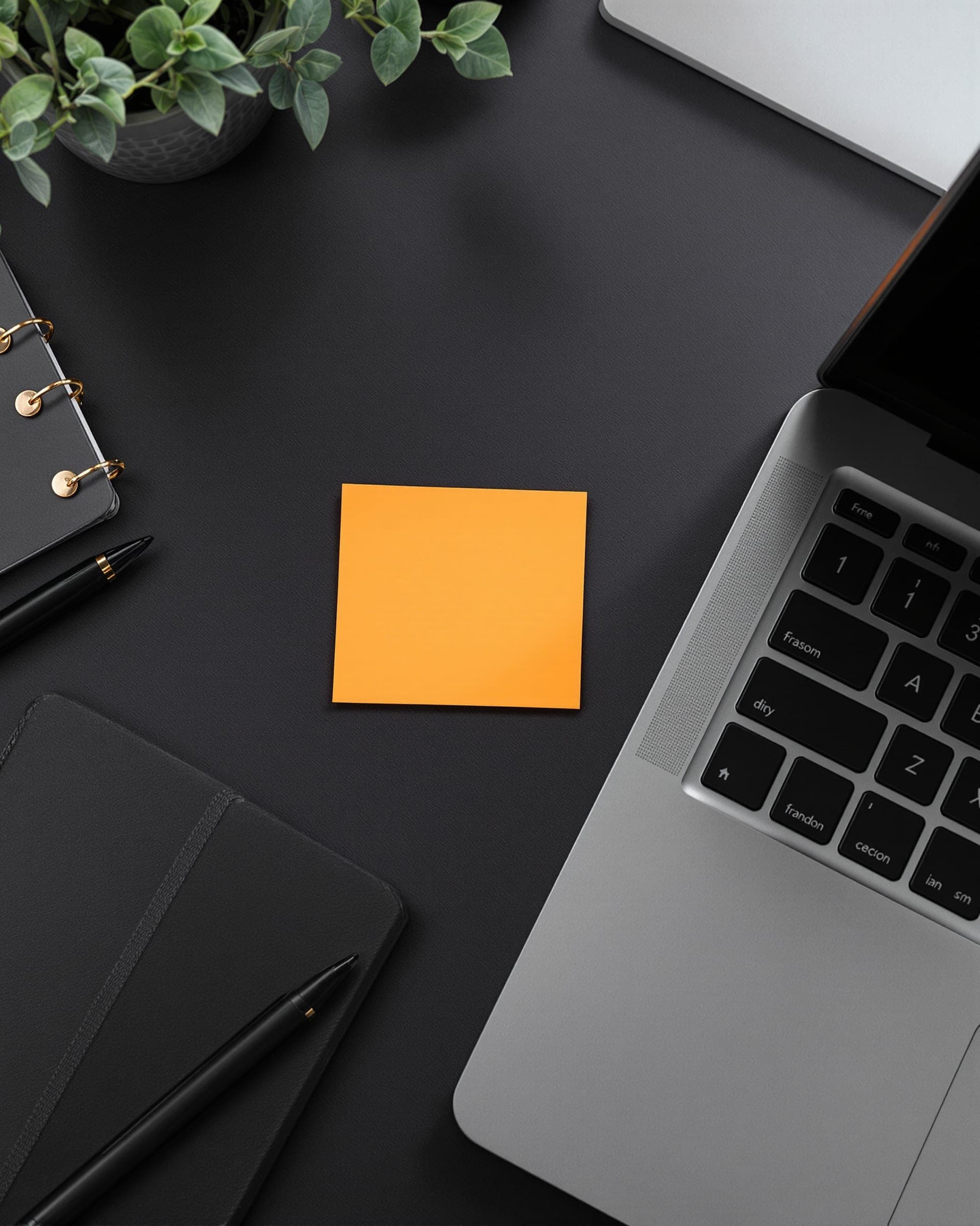 An orange sticky note between a laptop and a dark notebook on a dark desk.