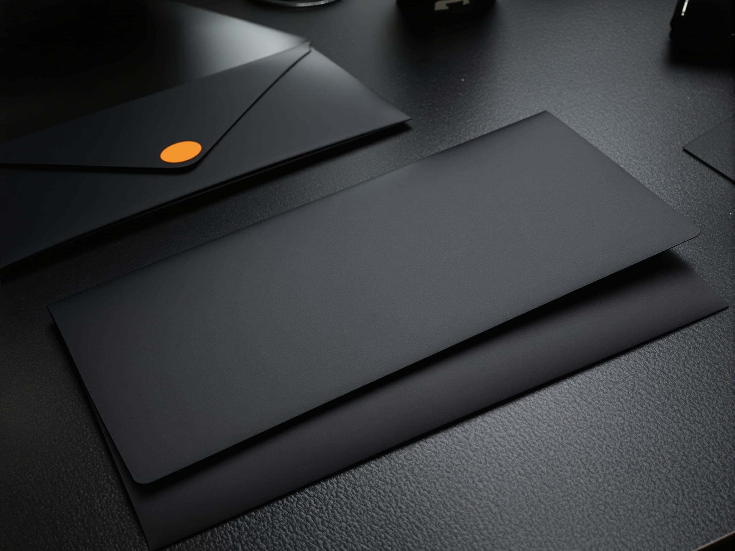 Dark envelopes on a dark desk, one sealed with an orange sticker.