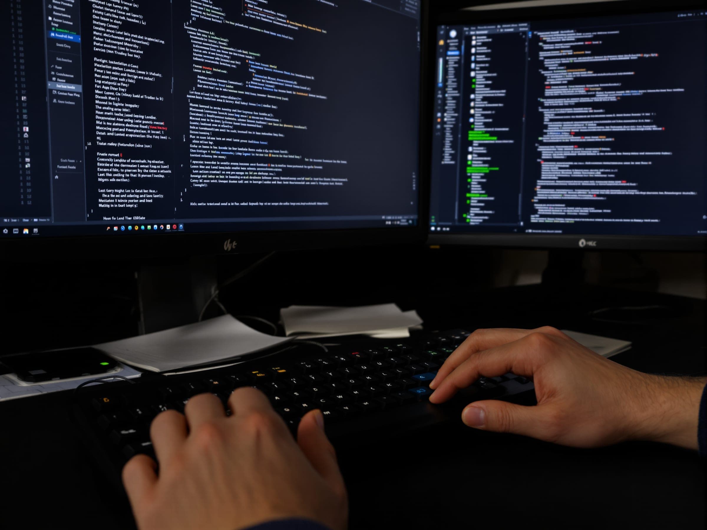 Hands typing on a keyboard in front of two screens of code.