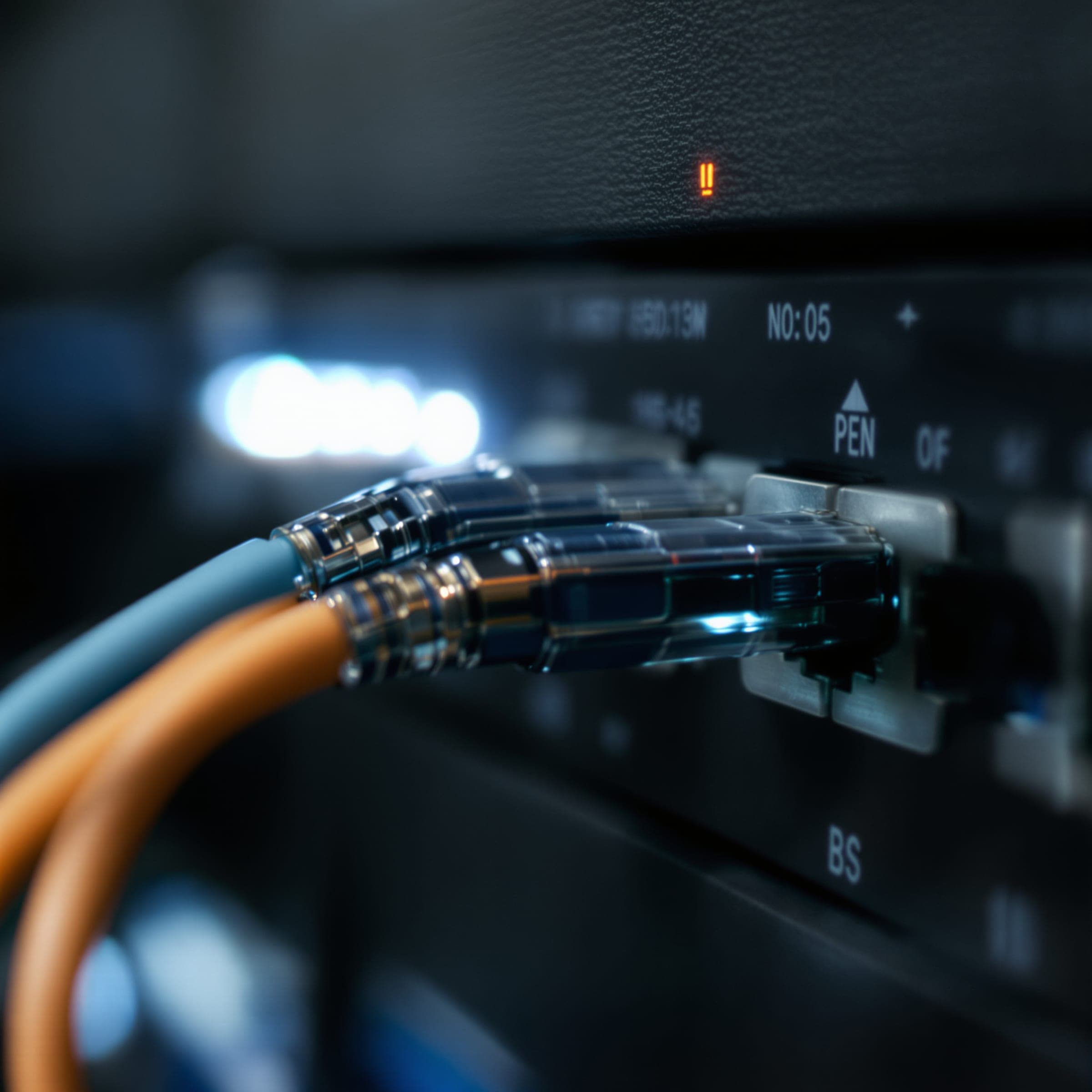 Network cables plugged into a switch, one of them orange.