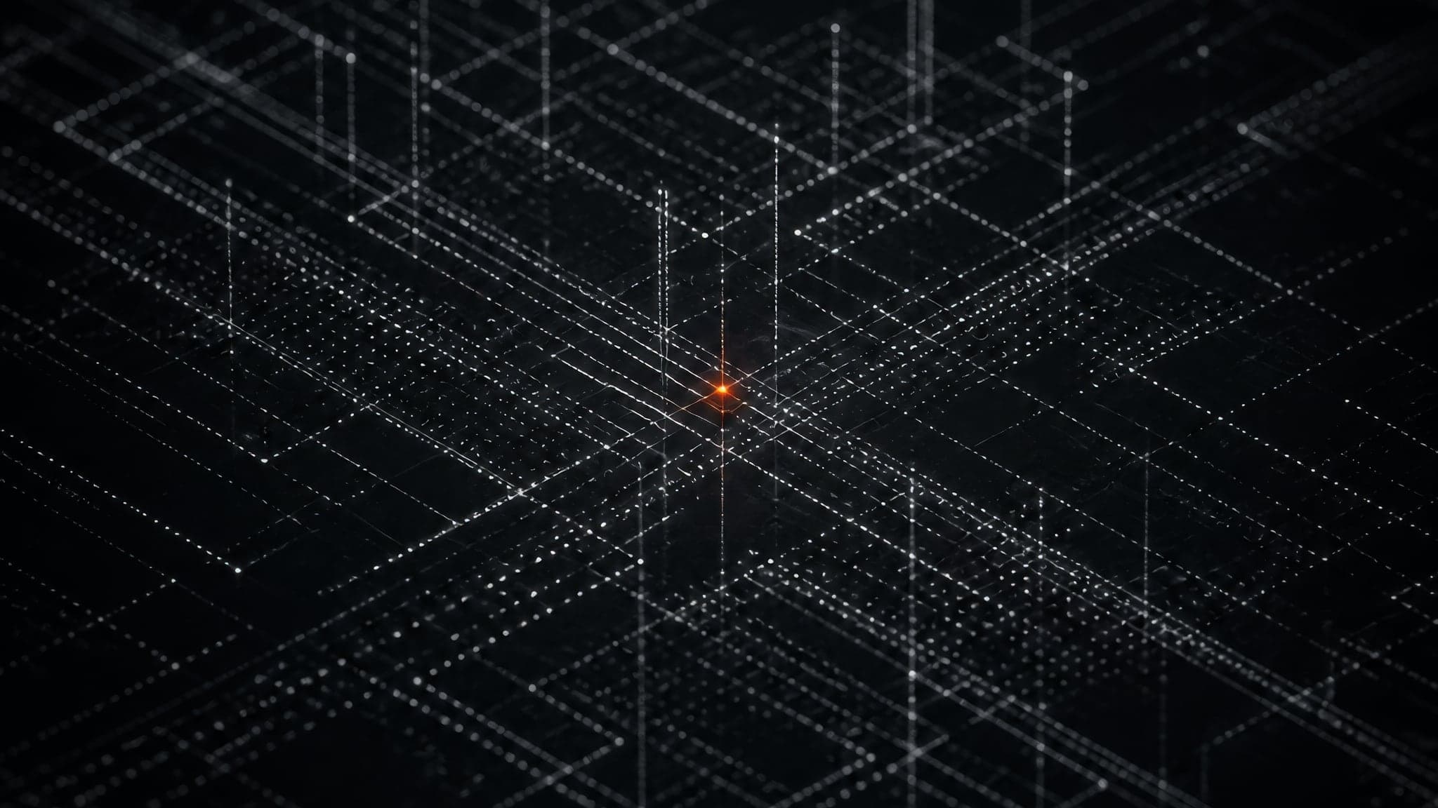 A dense grid of points and pathways receding into darkness, with one orange point at its centre.