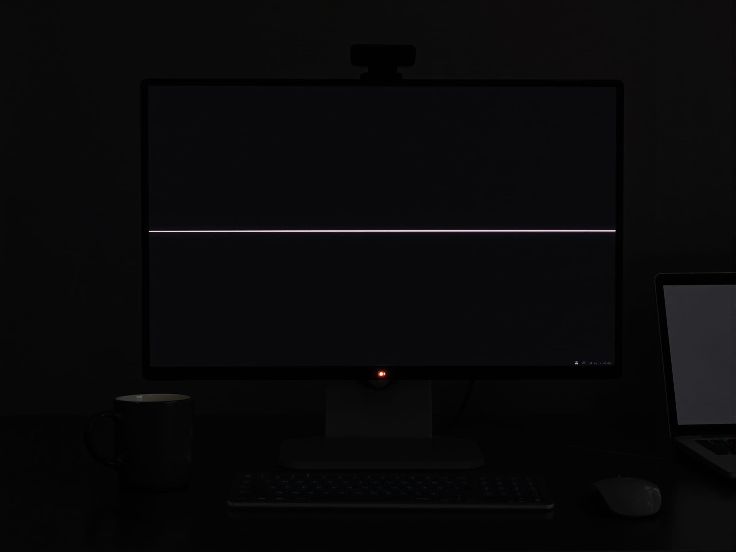 A monitor showing a single thin line on its dark screen, on a desk at night.