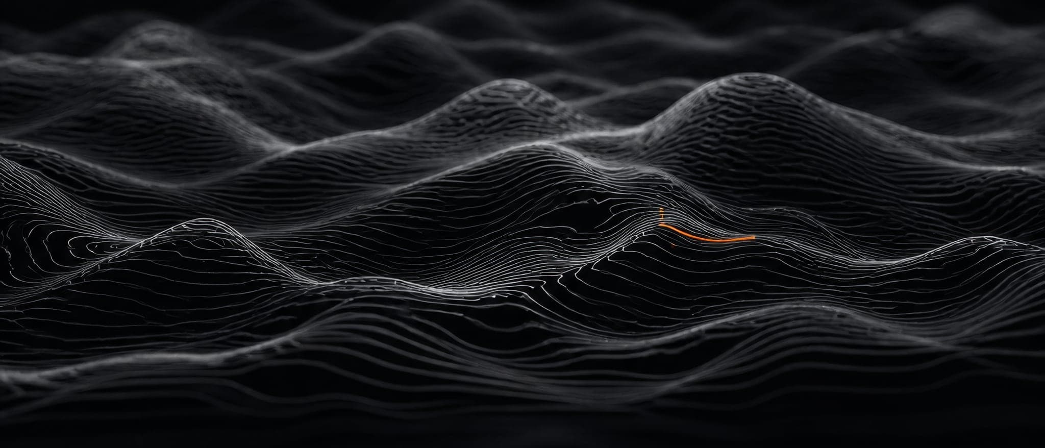 A wide dark field of layered contour lines, like terrain made of market movement, one line in orange.