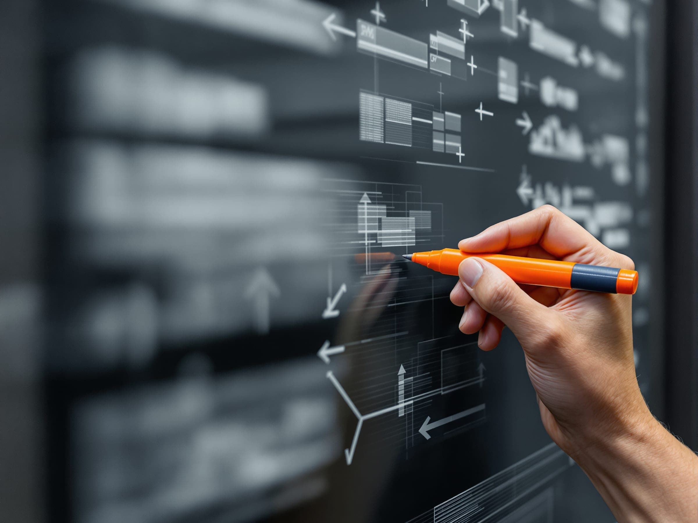 A hand holding an orange marker drawing arrows and boxes on a glass board.