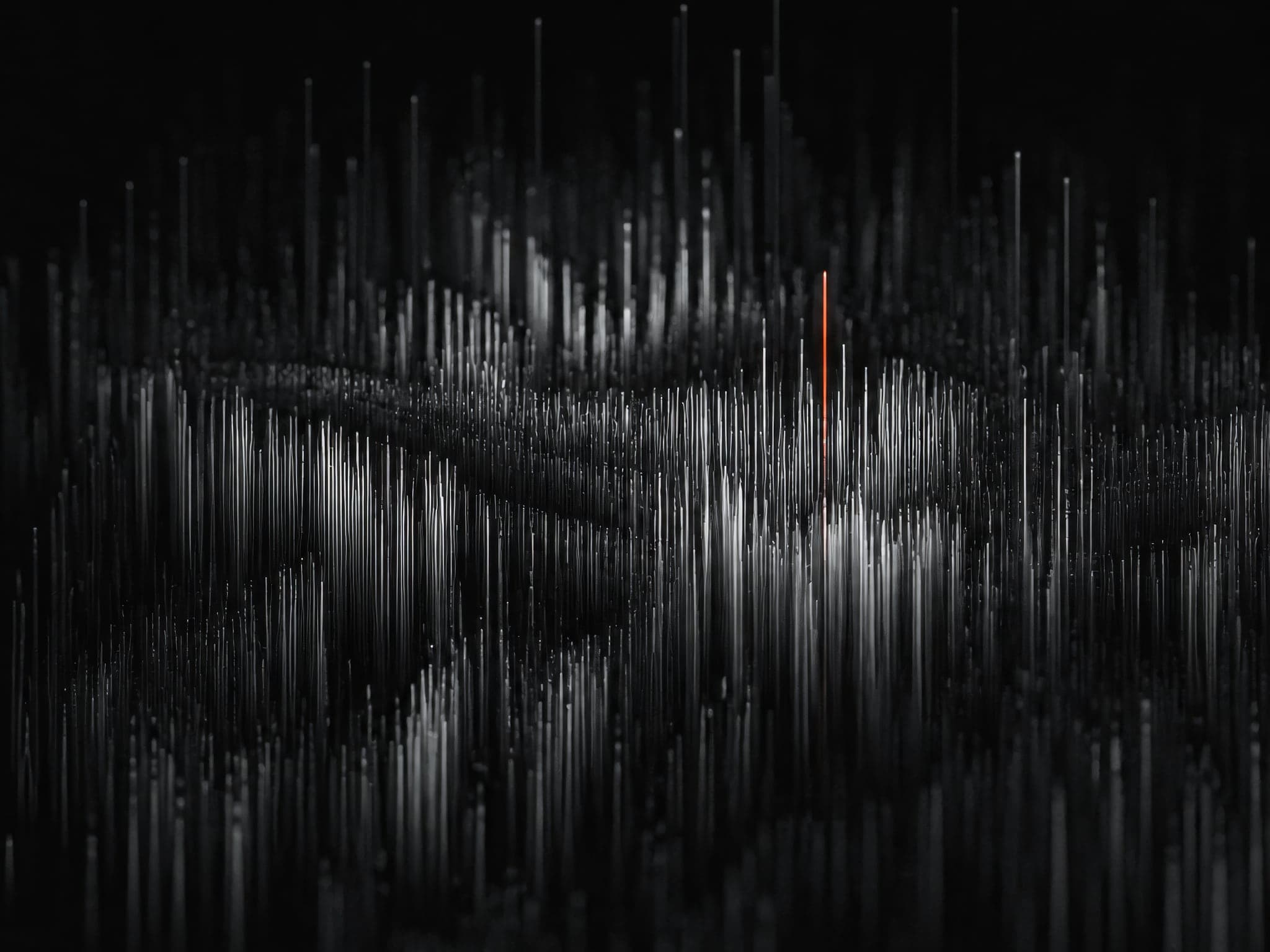 Dense short vertical strokes of light packed together on a dark ground, one stroke in orange.