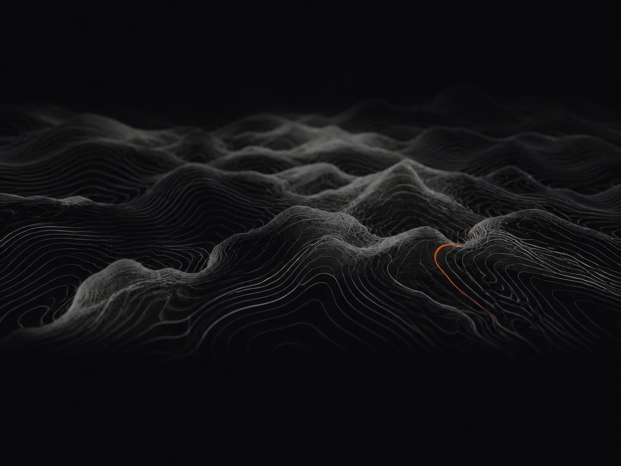Slow layered waves of fine silver lines across a dark space, one line picked out in orange.